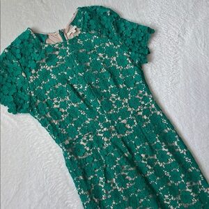 Shoshanna Green Crochet Overlay Dress with Nude Lining